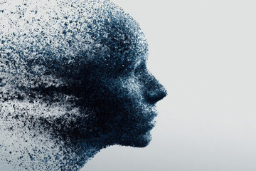 Silhouette of a human head created from pixel particles. Conceptual image of Deep Learning and Face recognition systems