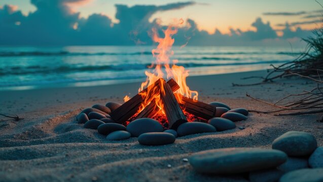 A campfire burning on a beach with stones around it during sunset. Nature and outdoor activity, fire, and relaxation. The scene of a beach campfire at dusk.