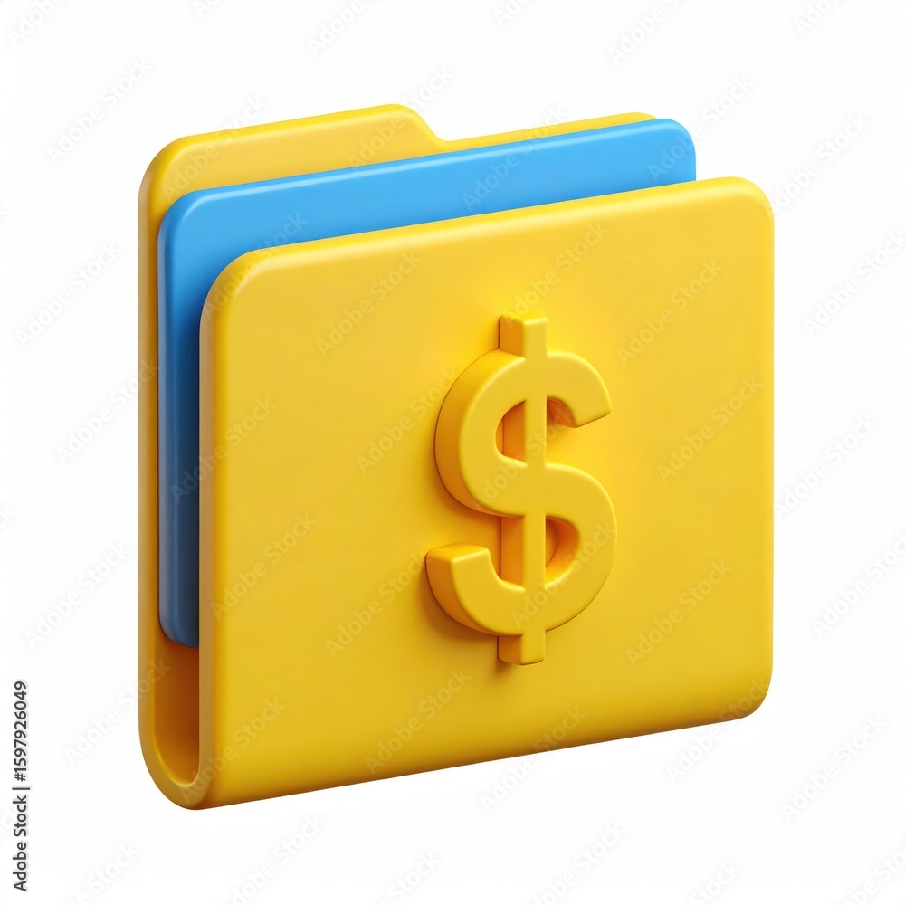 Poster yellow 3d folder with dollar sign icon representing financial documents on a clear background