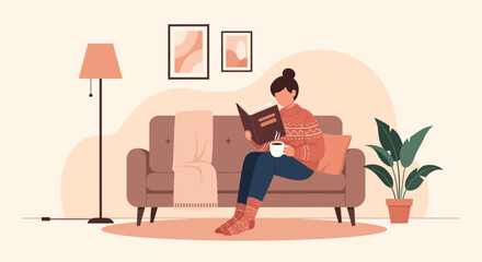 Cozy Reading Moment Woman Enjoying Book And Coffee In Comfortable Home