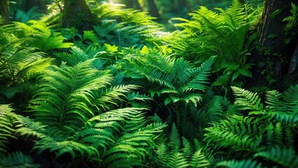 Dense green ferns and lush forest plants in a vibrant jungle scene.