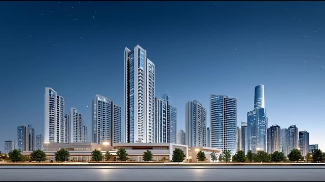 Cityscape Symphony: A stunning cityscape, comprised of a stunning skyline, offers a vision of urban density, showcasing modernity and architectural brilliance against a calm evening sky.