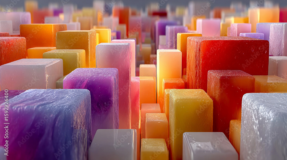 Poster a mesmerizing array of multicolored wax-like cubes forms a cityscape of smooth, translucent blocks i