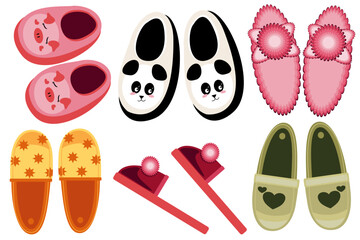 Collection of colorful cartoon slippers in various styles – panda, pig, star, heart, and pom-pom designs. Cute home footwear clipart set. Flat vector illustration, clipart