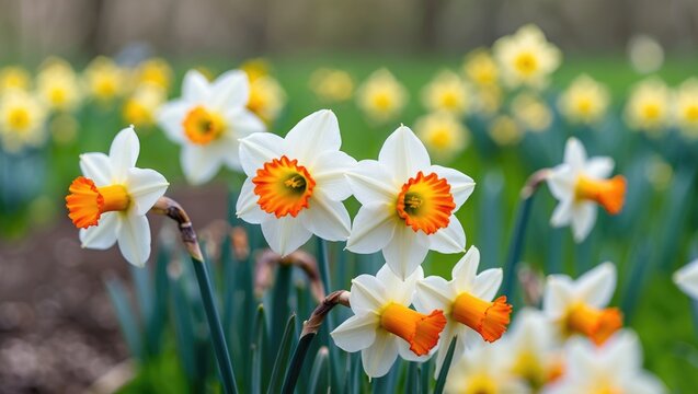 White daffodils with orange centers blooming in a garden, vibrant yellow flowers in the background.