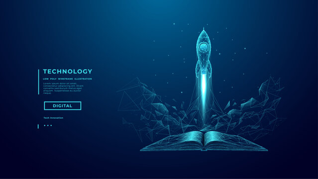 Abstract Futuristic AI Space Ship Launch Over Opened Digital Book on Technology Background. Low Poly Wireframe Light Blue Hologram of Rocket. Education or Knowledge Concept. Vector Illustration.