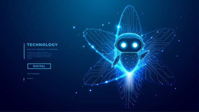 AI Agent in Education or Knowledge Concept on Technology Blue Science Background. AI Robot or Chatbot Flies  Over Futuristic Atom Icon with Light Bright Speed Train. Digital Vector Illustration.