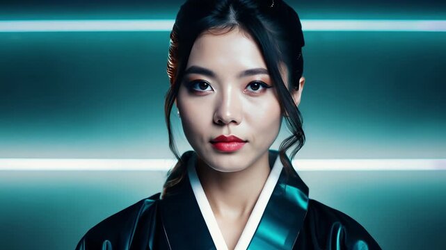Elegant asian woman posing in kimono, montage of close ups