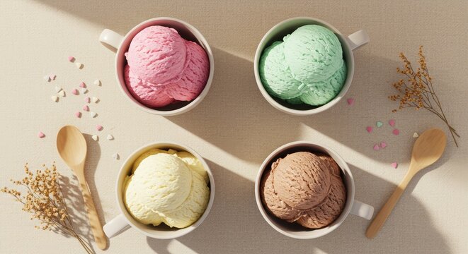 Minimal top-down view of assorted ice cream scoops in white cups