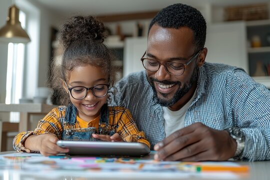 Father and daughter bonding through tablet learning and creative activity at home