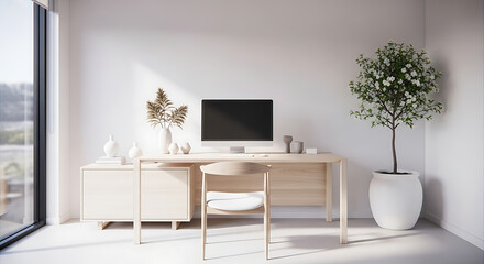 Minimalist Home Office with Natural Light and Neutral Tones, Creating a Serene and Productive Workspace