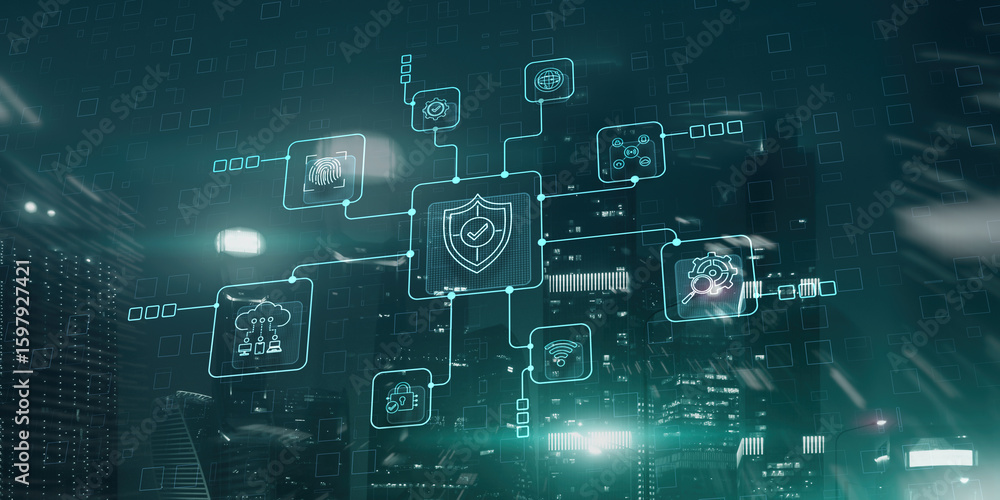 Poster data cyber security system shield protection verification icon