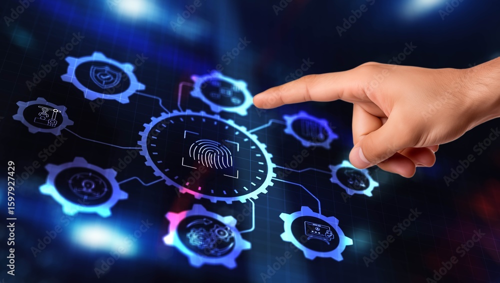 Aufkleber biometrics fingerprint concept. biometrics security with digital interface
