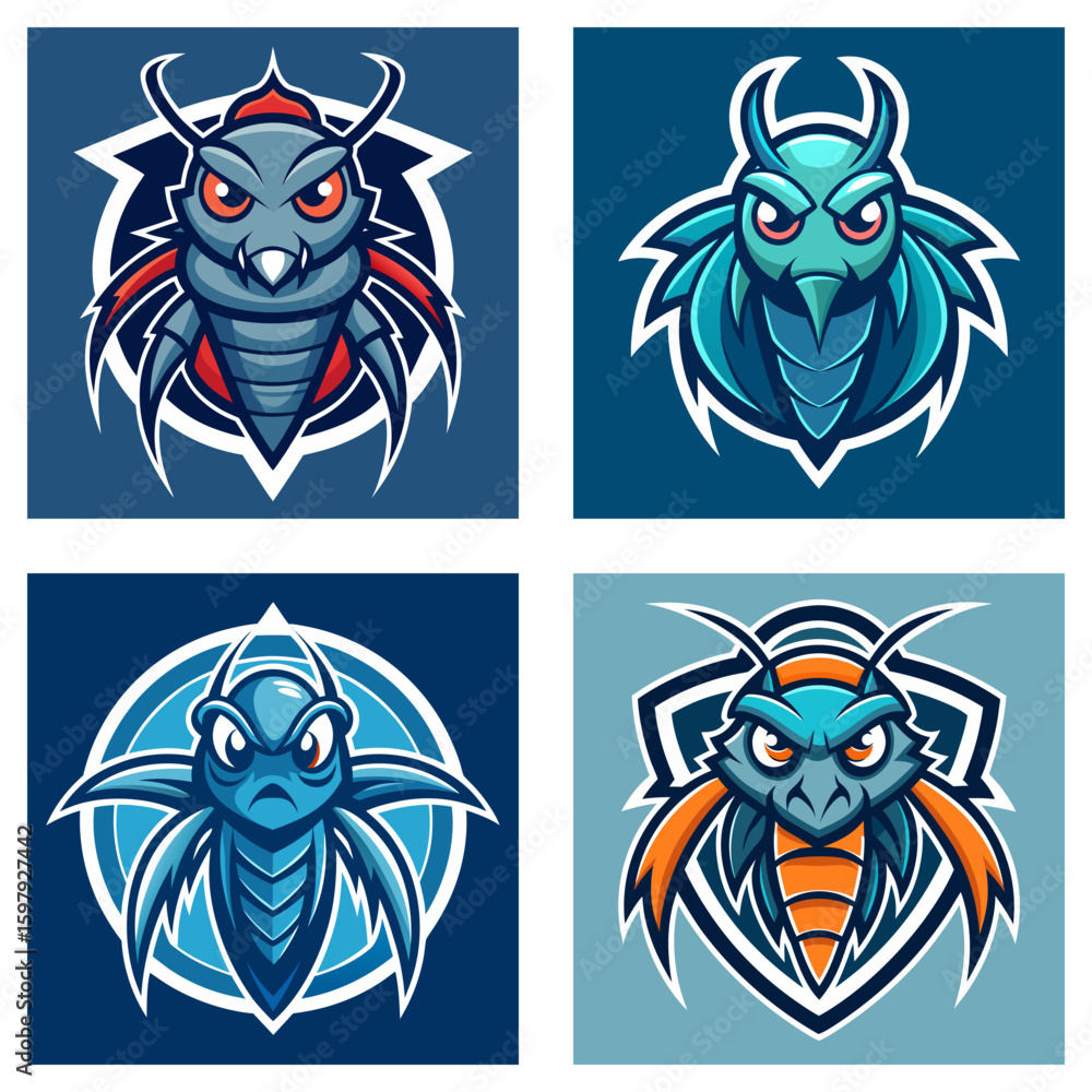 Poster collection of four cartoon insect mascots with shield backgrounds in various color schemes and style