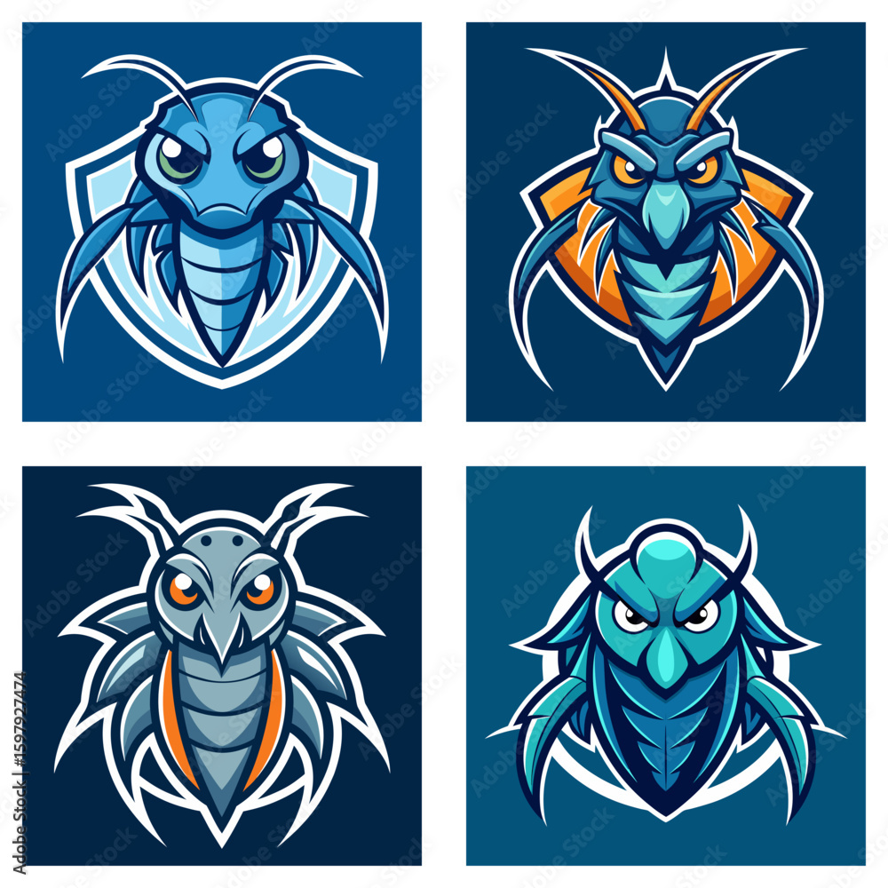 Aufkleber four insect mascot logos with shields and varied color schemes displayed in a square arrangement
