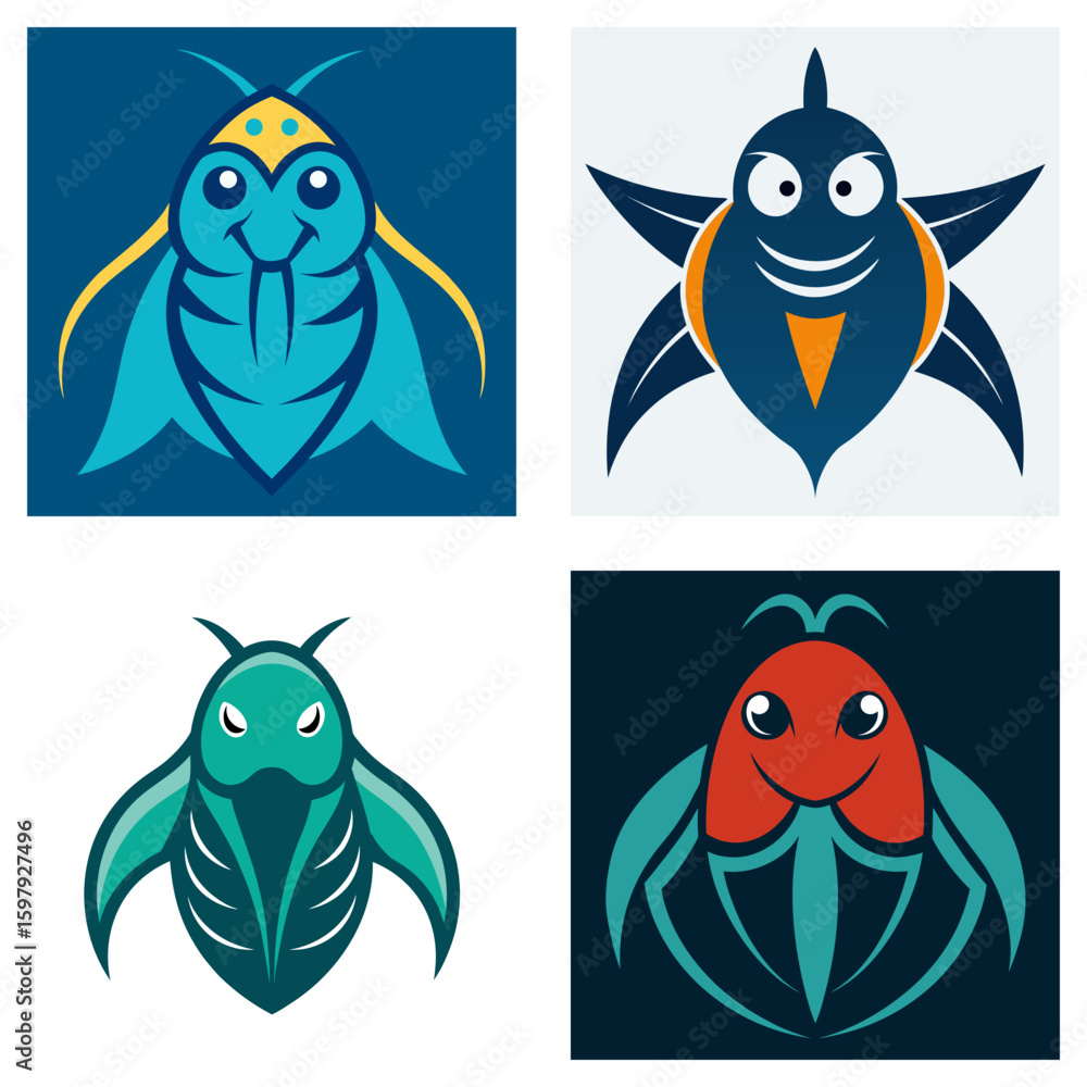 Poster Four insect logos with different colors and expressions displayed in a square arrangement format style