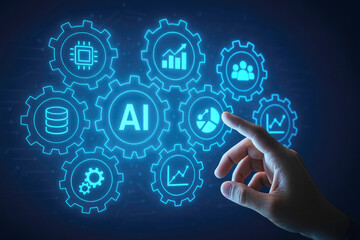 Human finger interacting with glowing blue artificial intelligence network gears