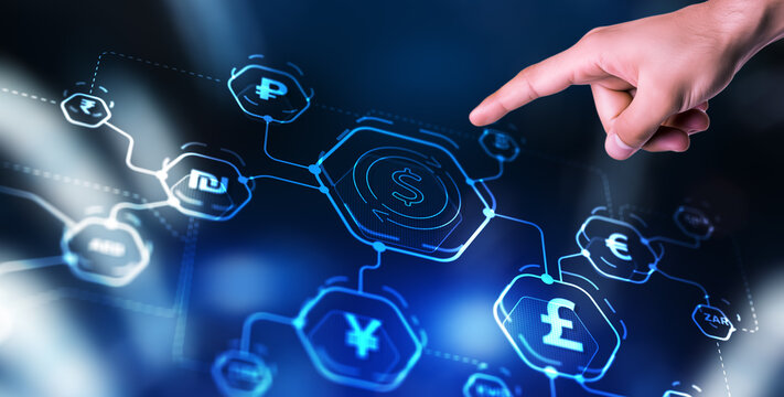 Concept of international currency market. World currencies icons