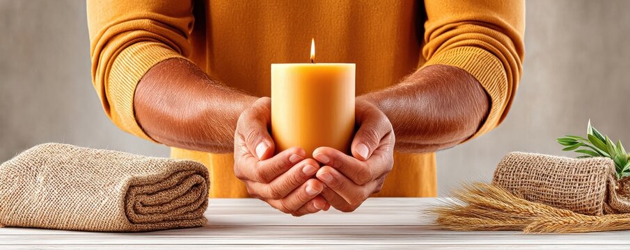 Hands holding a glowing beeswax candle with natural rustic materials nearby