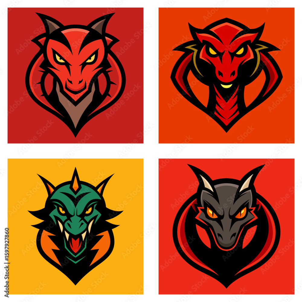 Poster collection of four stylized dragon head logos with different color schemes and fierce expressions di