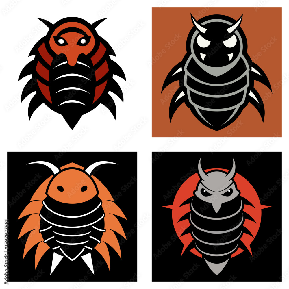 Poster four stylized beetle designs in different color schemes and backgrounds in a square format layout