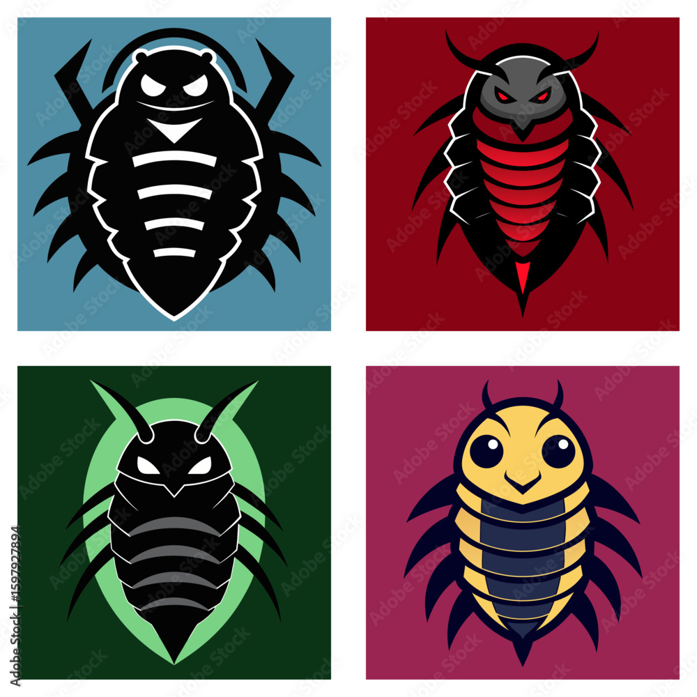 Poster four stylized insect illustrations with different color schemes and expressions displayed in a grid 