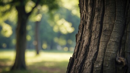 Fototapeta premium Close-up of tree trunk in a forest with blurred greenery background. Nature and forestry scene. The focus on the barkâ€™s texture and natural environment.