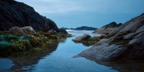 Calm rocky coast at dusk with gentle tides and seaweed along shore creating peaceful natural scene