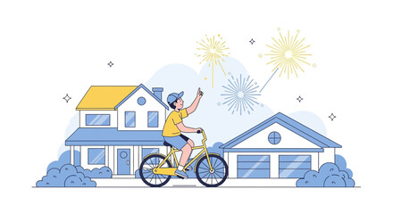 Celebrating Summer Fun Boy Riding Bike Watching Fireworks Suburban Community