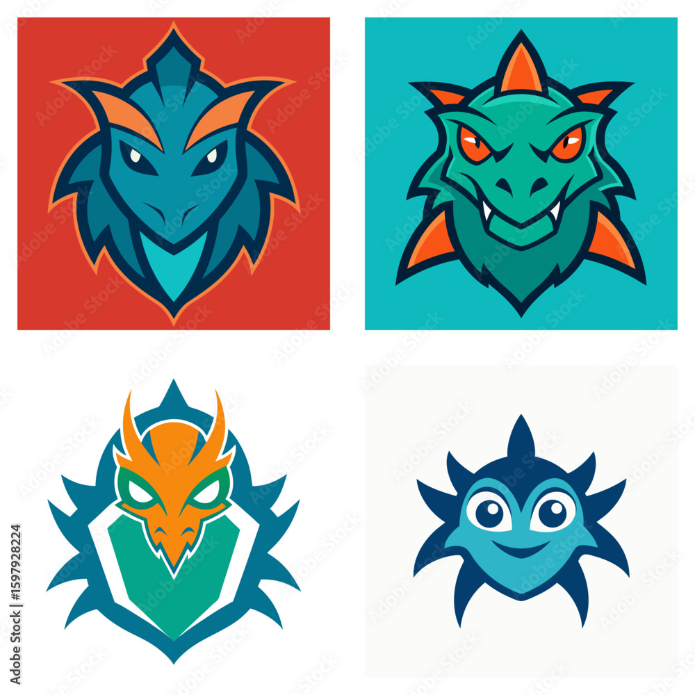 Aufkleber four stylized dragon head illustrations with varying colors and expressions displayed in a grid layo