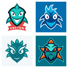 Naklejka premium Collection of four cartoonish monster or dragon head logos with various color schemes and facial expressions