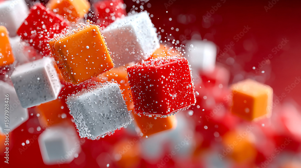 Poster floating cluster of shiny white and orange cubes with tiny bubbles, suspended against a vibrant red 