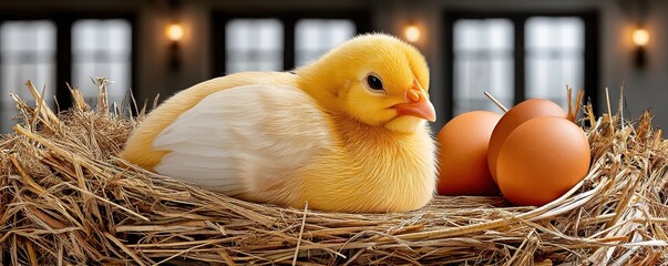 Young yellow chick resting in a nest with straw and brown eggs