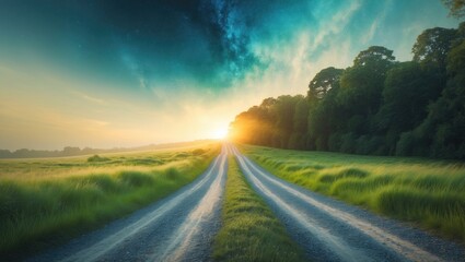 Sunset or sunrise over a rural dirt road flanked by lush green fields and trees, with a vibrant sky and scenic natural landscape.