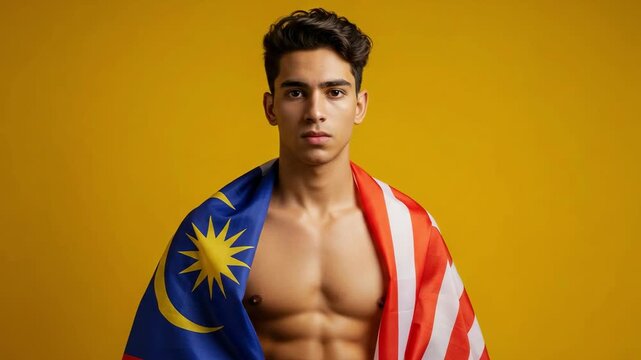 Proud muscular young Malaysian man draped in the national flag. Athletic shirtless male model with a fit body and six-pack abs showing patriotism against a yellow background.