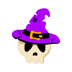 Funny cartoon Halloween skull with witch violet hat. Vector human skull isolated on white background. Clipart for decoration, design element, sticker.