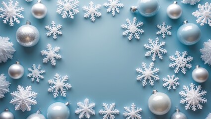 Winter holiday decorations with snowflakes and silver baubles, festive background. Christmas and holiday celebration concept. Seasonal decorations and winter festivities.