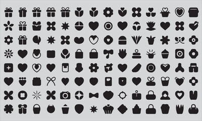 A collection of black and white vector icons for web, business, and media design, including symbols for food, travel, medical, and internet elements
