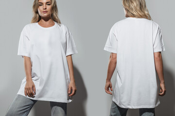 Confident Woman Wearing Oversized White T-Shirt with Blank Space for Mockup