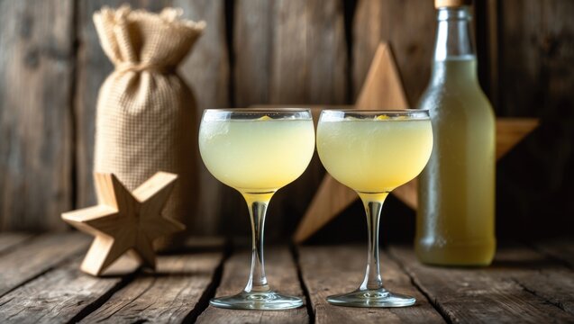Two glasses of a pale yellow beverage on a rustic wooden surface with a bottle, a burlap sack, and star-shaped decor in the background.