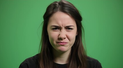 Young woman shows strong facial expression of disgust on vibrant green screen for emotional reaction video