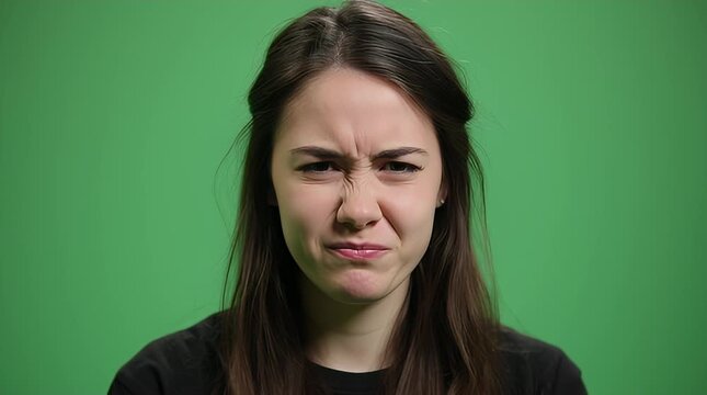 Young woman shows strong facial expression of disgust on vibrant green screen for emotional reaction video