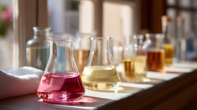Laboratory setup showcasing colorful liquids in glassware on a sunlit table during a research experiment