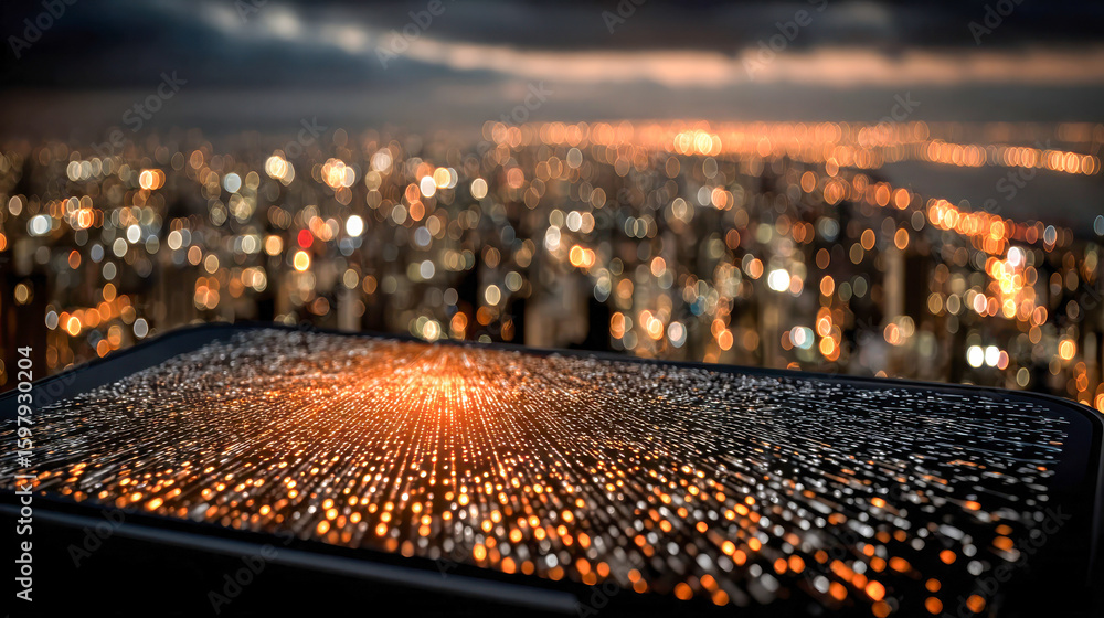 Aufkleber a futuristic smartphone glowing with binary code rests above a brightly lit city skyline, blending d