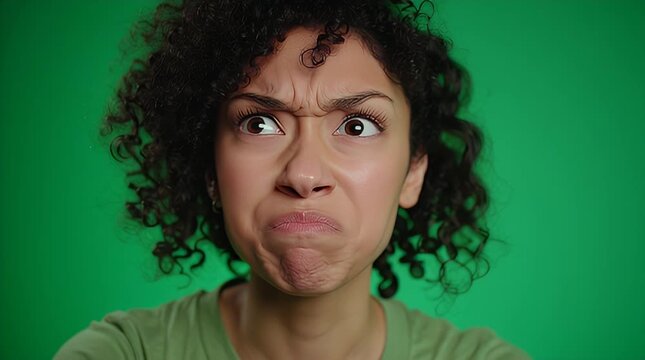 Woman expresses clear disapproval with furrowed brows and pursed lips on green screen for disgust emotion footage