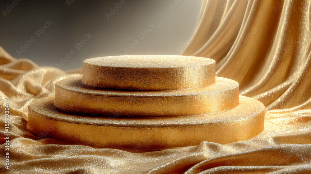 Poster luxurious golden podium with a three-tiered platform and shimmering fabric backdrop illuminated by s