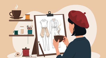Creative Fashion Designer At Work With Coffee And Sketches On Drawing Board