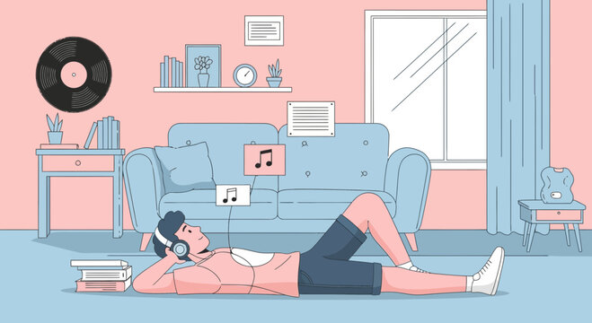 Boy Relaxes At Home While Listening to Music On A Cozy Day