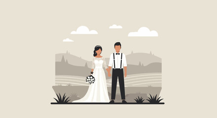 Obraz premium Elegant Wedding Couple Illustration Amidst Rolling Hills And Cloudy Sky Backdrop