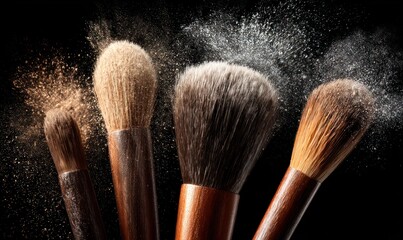 Cosmetic brushes with powder explosion create a dynamic beauty concept, perfect for makeup tutorials, beauty blogs, or advertising campaigns showcasing makeup products and tools.